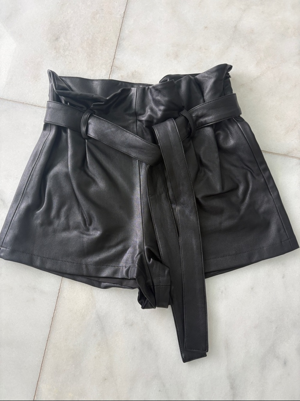 Amanda Uprichard woman’s Black High-Waist Faux Leather Paperbag Shorts